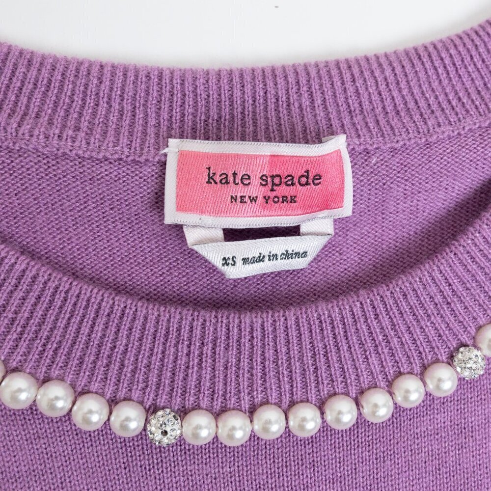 Kate Spade Pearl Crystal Trimmed Collar Sweater Short Sleeve Liliac Purple XS - Picture 5 of 11